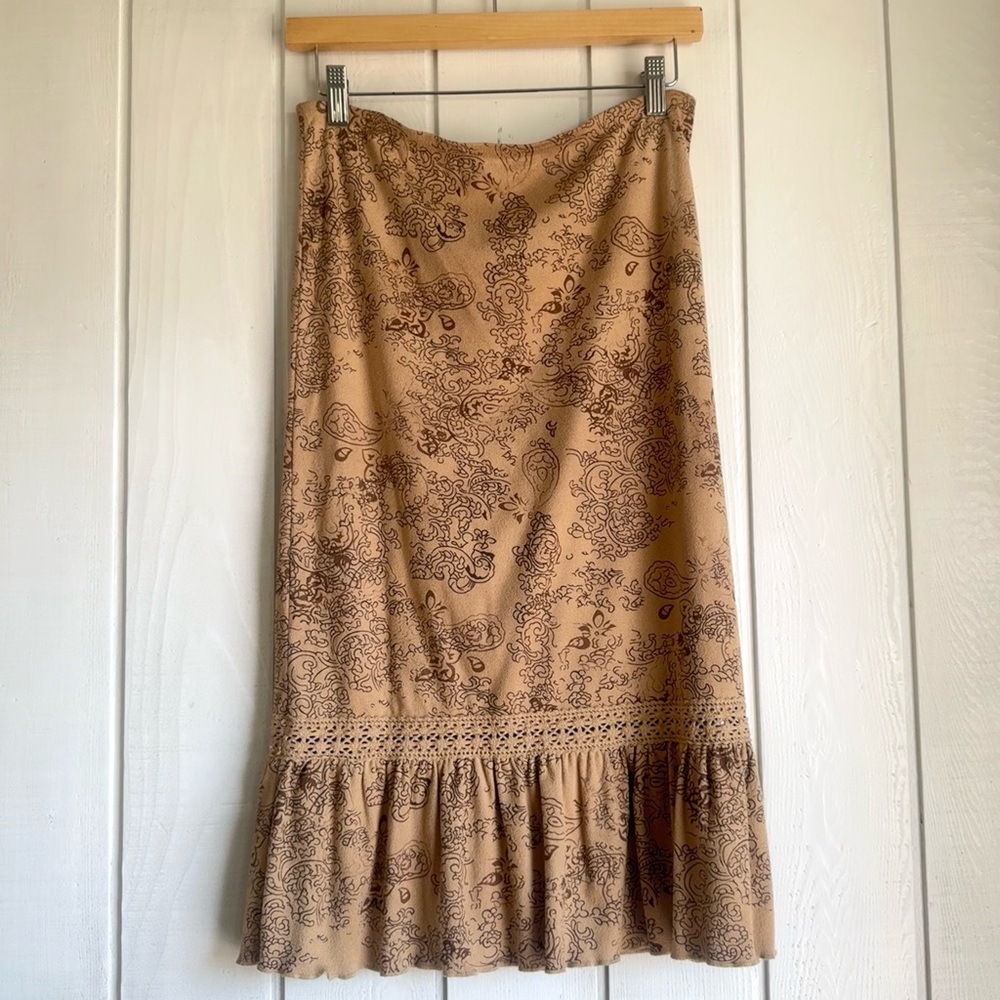 Luna Chix Vintage Tan Microsuede Paisley Midi Skirt